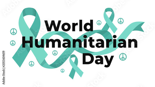 Quadro su tela World Humanitarian Day Illustration: A graphic design illustrating World Humanitarian Day with teal ribbons and peace symbols, representing compassion and global aid efforts