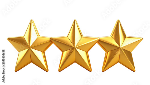 Three shiny, golden, five-pointed stars arranged horizontally on a black backdrop, reflecting light with gradients and highlights