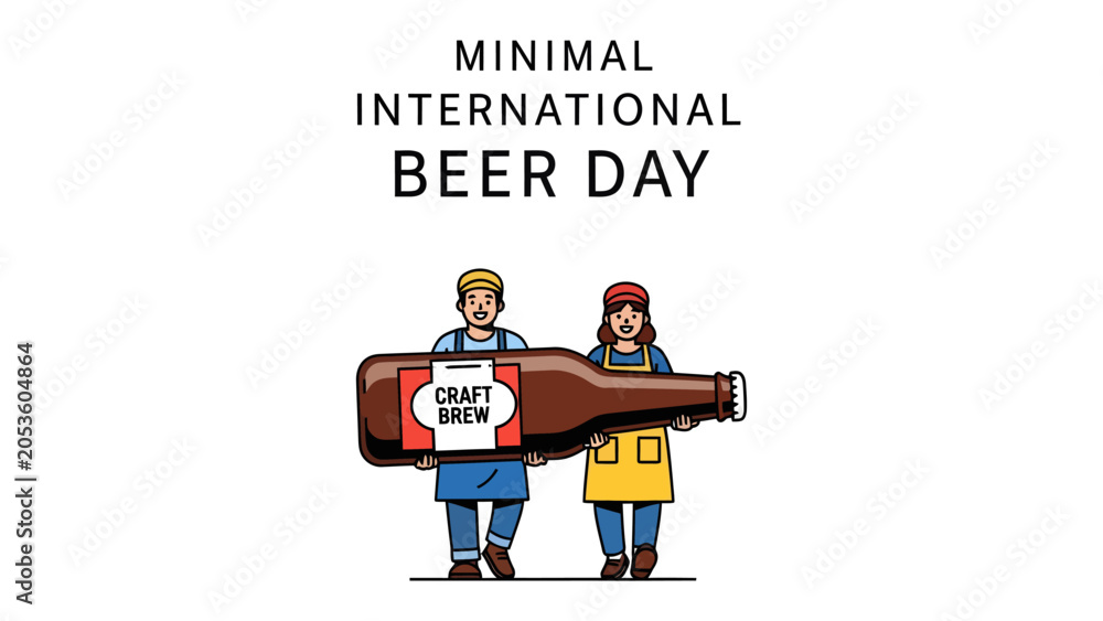 Fototapeta premium Minimal International Beer Day Celebration: Two people in aprons carry a giant beer bottle, celebrating International Beer Day with a minimalist graphic style.