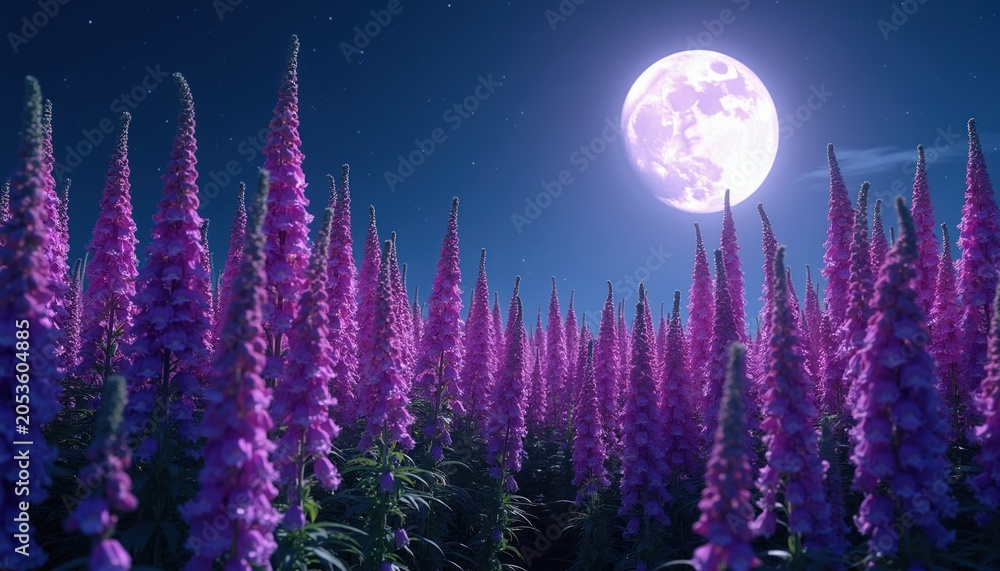 Naklejka premium Field of purple foxglove flowers under bright full moon at night sky with stars. Nocturnal bloom, ethereal landscape, fairytale garden scene. Romantic, magical atmosphere.