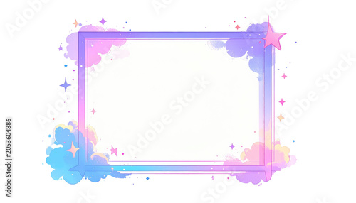 A pastel rectangular frame with clouds, stars, and sparkles. Its colors blend from blue to pink, with a white, blank center