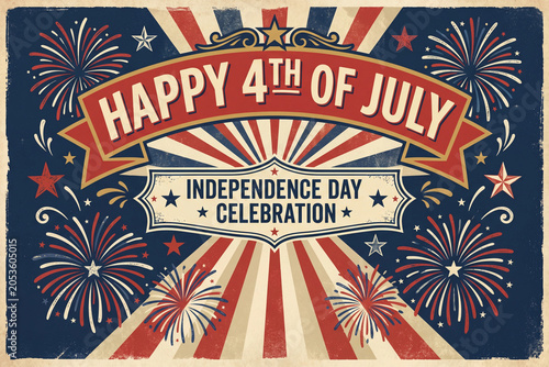 July vector poster for greeting banner with retro fireworks badge ribbons and red blue holiday design
