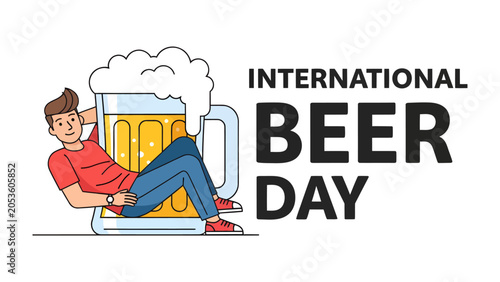 Canvastavla International Beer Day Celebration: A man relaxes contentedly in a giant beer mug, celebrating International Beer Day with a frothy, golden beverage
