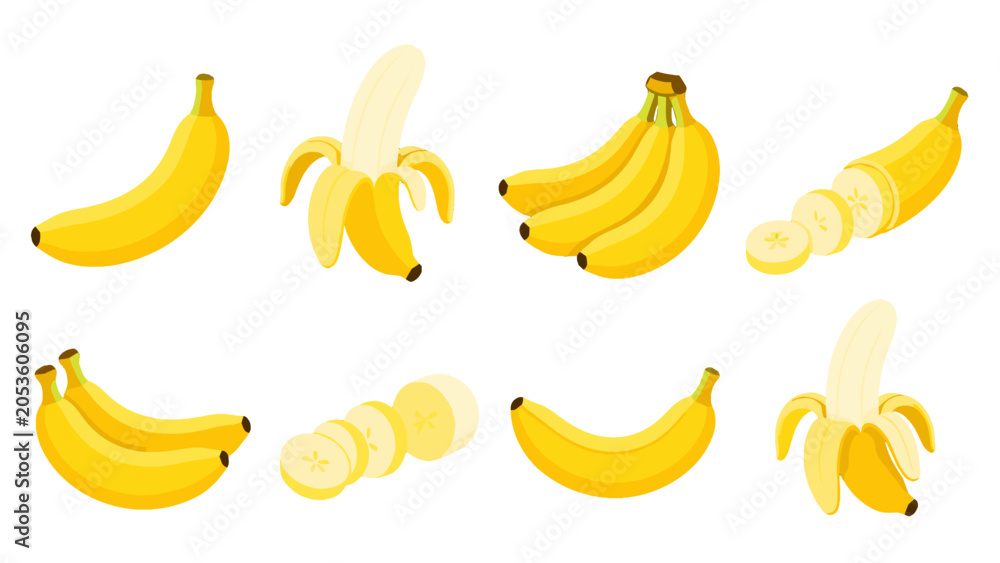 Obraz premium Set of banana illustrations with whole peeled bunch and slices
