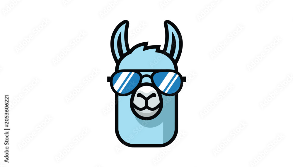 Fototapeta premium Cool light blue llama character wearing dark blue aviator sunglasses looks forward against a white background.