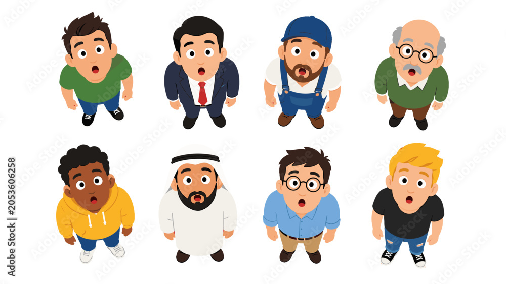 Obraz premium Set of surprised men looking up in cartoon vector style