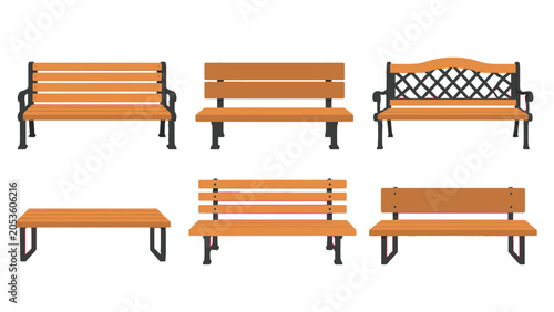Billede på lærred Set of wooden park benches and table in flat vector style