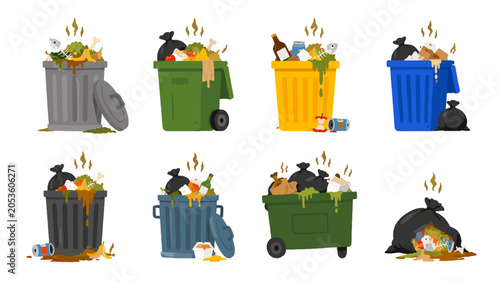 Фотография Set of overflowing garbage bins and trash bags with food waste