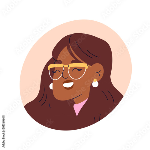 Black woman in glasses and earrings, face avatar. Happy laughing joyful femal...