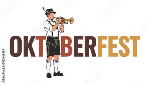 Fotografie Oktoberfest Musician Trumpeting: A Bavarian man in traditional lederhosen and hat plays a trumpet with exuberance, celebrating the spirit of Oktoberfest