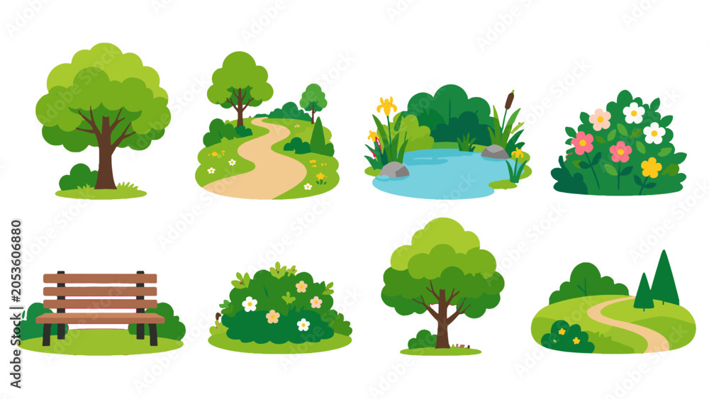 Fototapeta premium Set of park landscape elements with trees, path, pond and bench