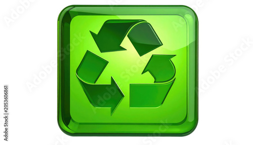 A 3D rendered green, glossy, square button displaying the universal symbol for recycling, isolated on a black background