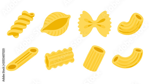 Foto Set of assorted yellow pasta shapes isolated on white