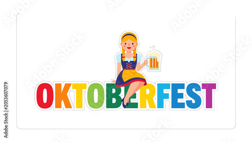Bild auf Leinwand Oktoberfest Celebration Graphic: A festive illustration featuring a woman in traditional Bavarian attire holding a beer mug, seated atop the colorful