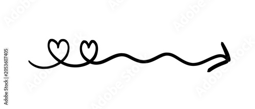 Quadro su tela Hand-drawn arrow with two hearts and a wavy line leading to an arrowhead on tran