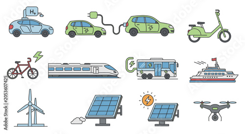 Renewable energy and sustainable transportation technology icons.
