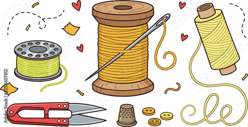Tableau sur toile Flat vector cartoon sewing set with wooden spool yellow thread needle metal bobb