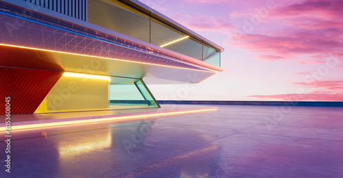 Foto 3d rendering futuristic building with modern architecture on rooftop during suns