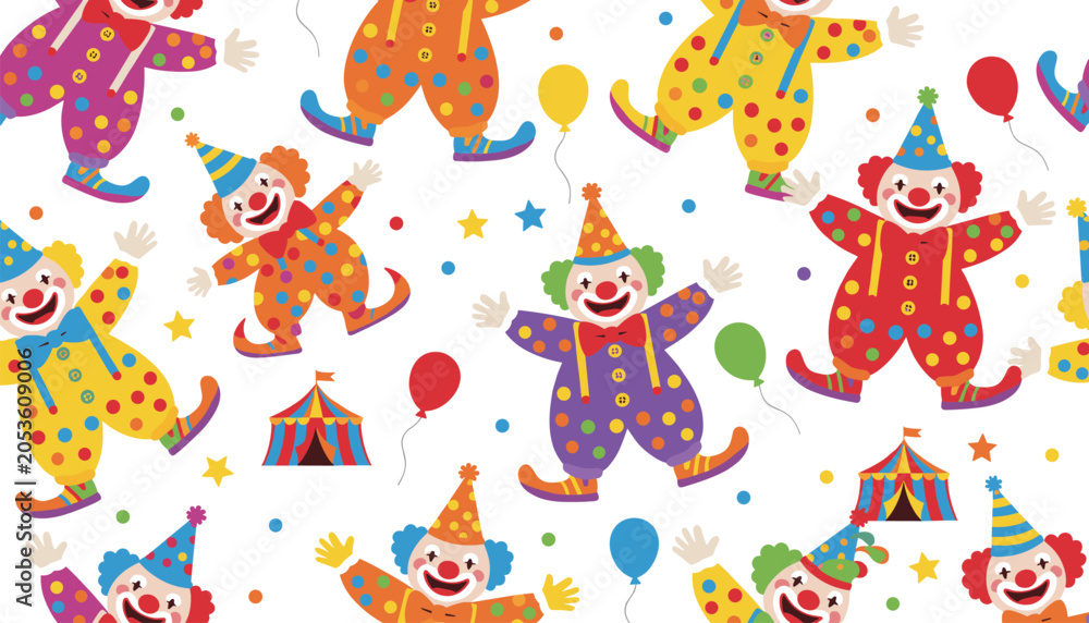 Obraz premium Playful seamless pattern of colorful circus clowns, circus tents, and balloons in a bright repeating design on white.