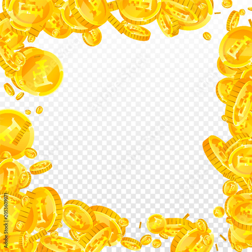 Swiss franc coins falling. Gold scattered CHF coins. Switzerland money. Great business success concept. Square vector illustration.