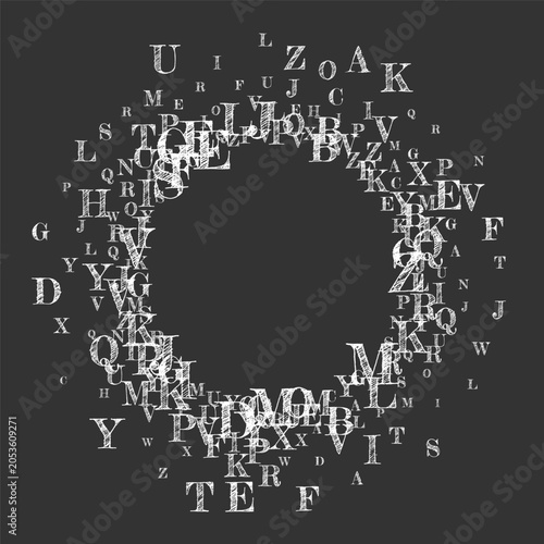 Scattered letters of latin alphabet. White chalk floating characters of English language. Foreign languages study concept. Back to school banner on blackboard background.