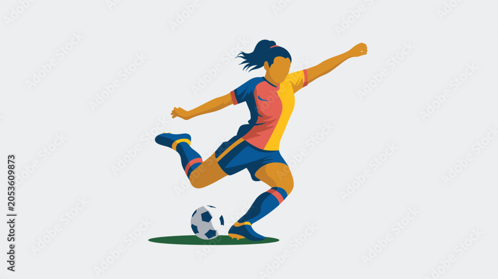 Fototapeta premium Female player in blue and yellow uniform performing a dynamic kick demonstrates professional skill and intense motion in stadium.