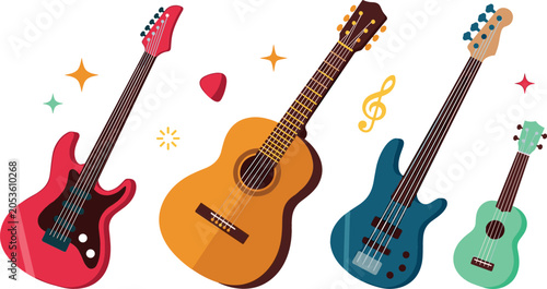 Photos Guitar vector set with electric acoustic bass ukulele instruments music notes an