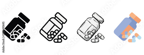 Obraz na plátně Medication bottles and pills in various styles including line art sketch and col
