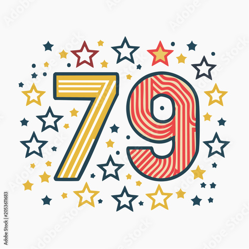 Number 79 with Stars and Confetti