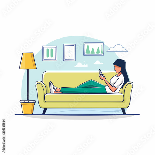 Woman Relaxing on Sofa Using Smartphone