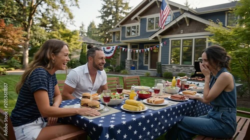 Friends Laughing at Fourth of July BBQ Table — Patriotic Backyard Party with Burgers, American Flag and Bunting