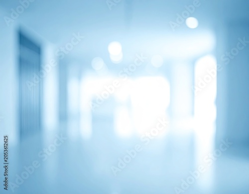 Softly blurred, cool-toned interior shot featuring a hallway with bright natural light at the end