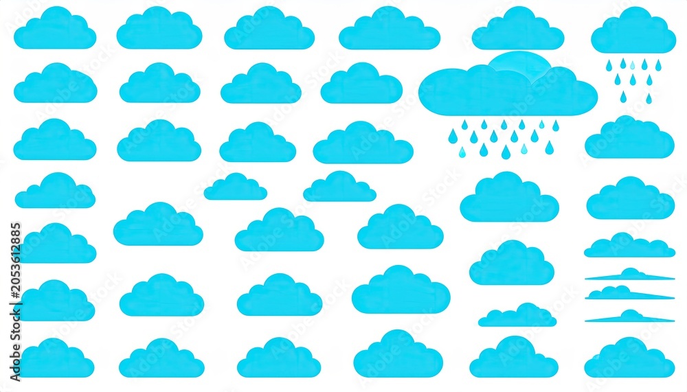 Fototapeta premium Collection of stylized, turquoise clouds in various shapes with a white background