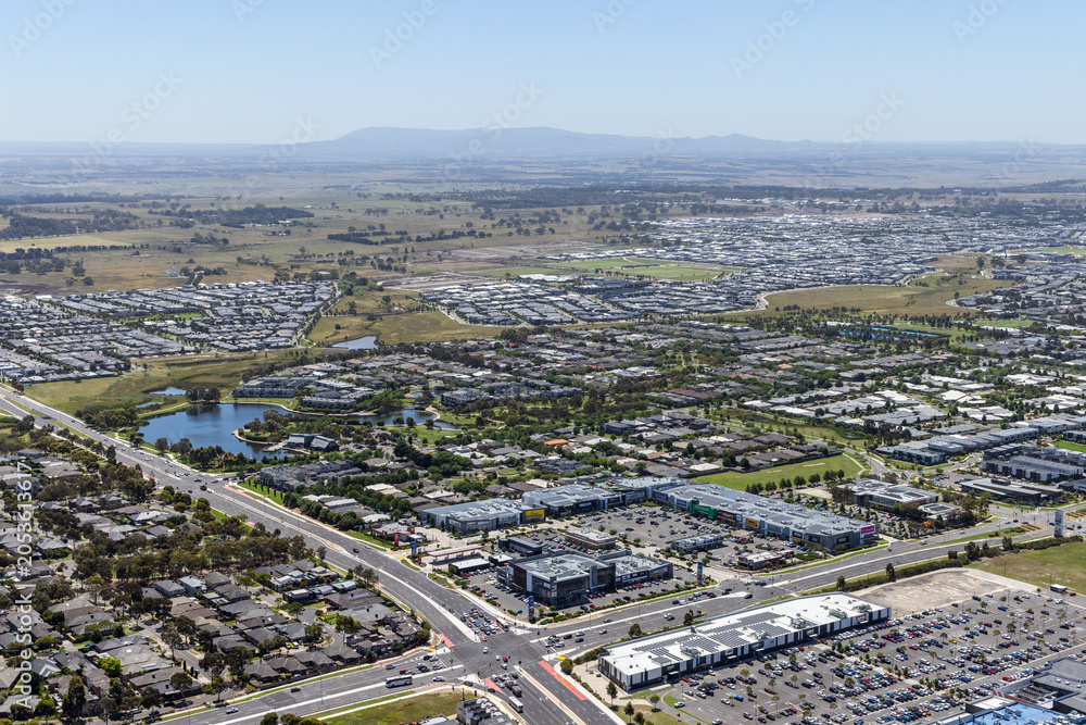 Fototapeta premium Northern Melbourne residential suburb aerial view of housing, roads and green space, Victoria Australia