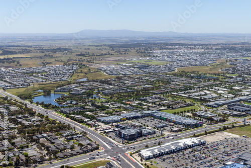 Northern Melbourne residential suburb aerial view of housing, roads and green space, Victoria Australia