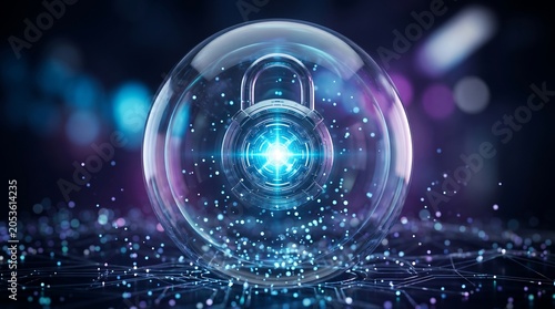 Digital lock icon encased in a glowing sphere, symbolizing data security, network protection, and cyber defense in a futuristic technology concept.