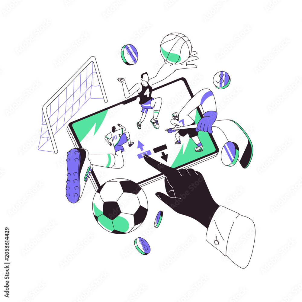 Naklejka premium Online sports betting concept. Wagering hand on football and volleyball with mobile phone. People are gambling, playing fortune games on smartphone. Flat isolated outline vector illustration on white