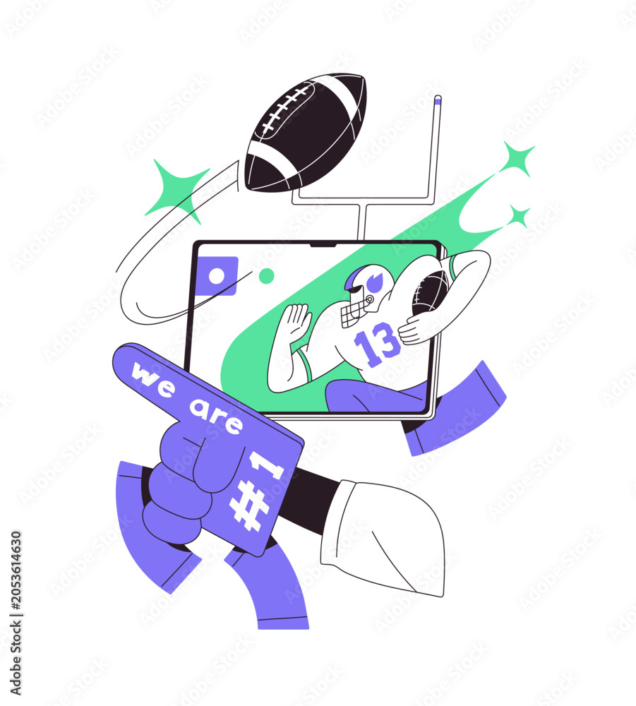 Naklejka premium Sports fan supports American football team with foam glove on hand. Person is watching rugby match on TV and celebrates winning, success. Flat isolated outline vector illustration on white background