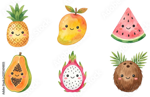 cute kawaii summer fruits with smiling faces including pineapple (ananas comosus) and watermelon (citrullus lanatus)
