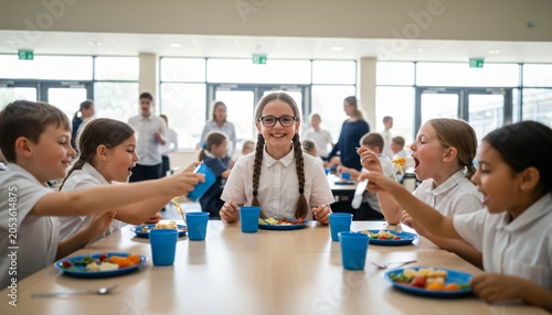 Happy diverse group of schoolchildren enjoying lunch together in a bright school cafeteria.