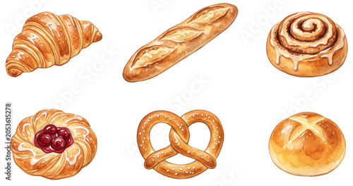 watercolor set of fresh bakery products like croissant bread and pretzel