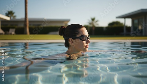 Woman wearing swimming goggles in a pool on a sunny day, enjoying leisure time.