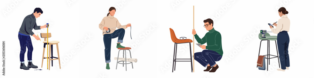 Fototapeta premium Flat vector illustrations of professional interior designers and furniture makers measuring stools and chairs with various tools for home renovation projects.