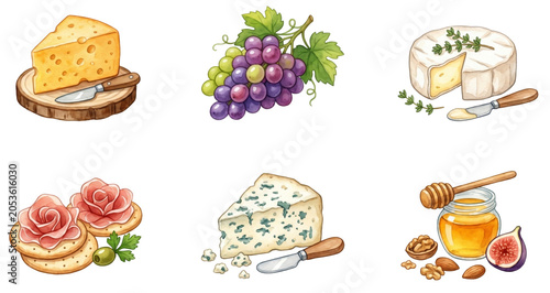watercolor illustration of a cheese board with brie grapes and honey