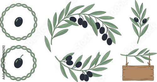 Fotografía Olive branch wreath vector set with black olives green leaves round frames and w