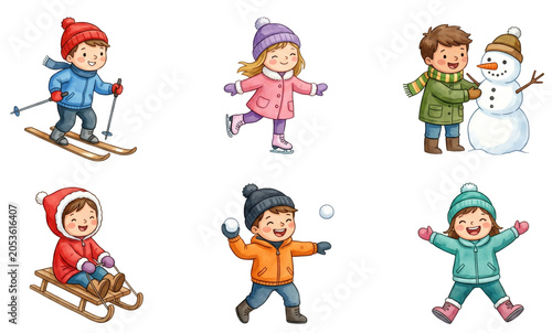 watercolor set of happy kids playing in winter snow building snowman and skiing