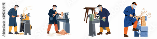 Fotografía Set of four illustrations depicting woodturners in protective gear working on wooden pieces using professional lathe machines and various woodworking tools