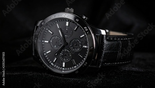 Sleek, dark wristwatch with chronograph dials, leather strap, set against black velvet