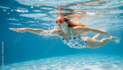 Young woman with long blonde hair swimming underwater in a pool wearing sunglasses and a swimsuit.