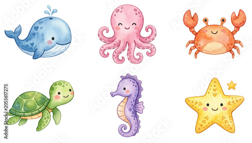 cute watercolor sea animal set with whale (cetacea) octopus (octopoda) crab (brachyura) turtle (chelonioidea) seahorse (hippocampus) and starfish (asteroidea)